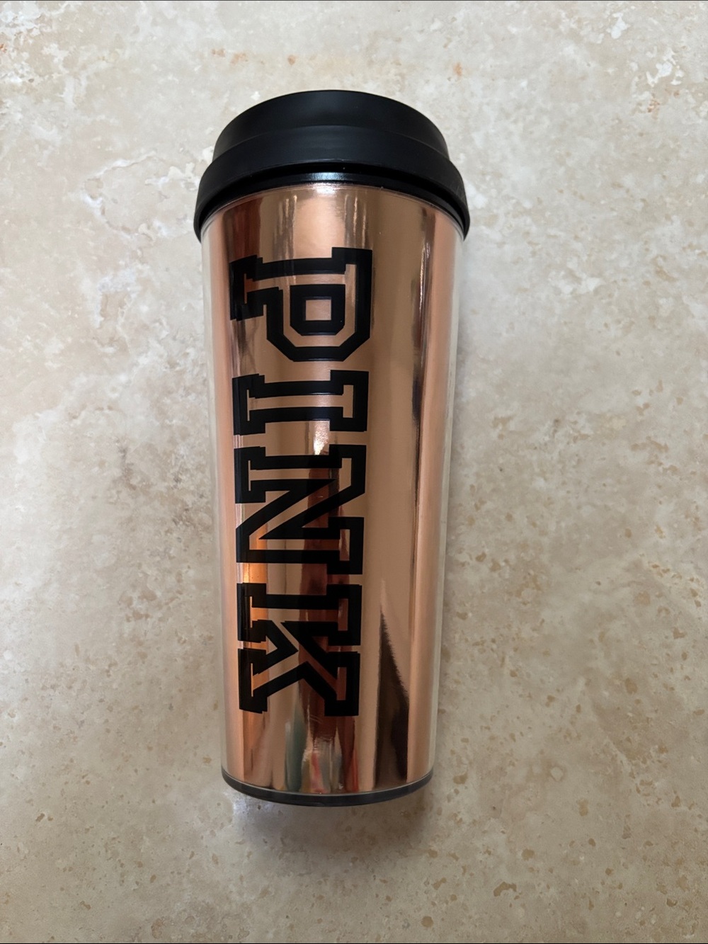 PINK Victoria's Secret Rose Gold Travel Tumbler with Black Lid  16 oz. NWT